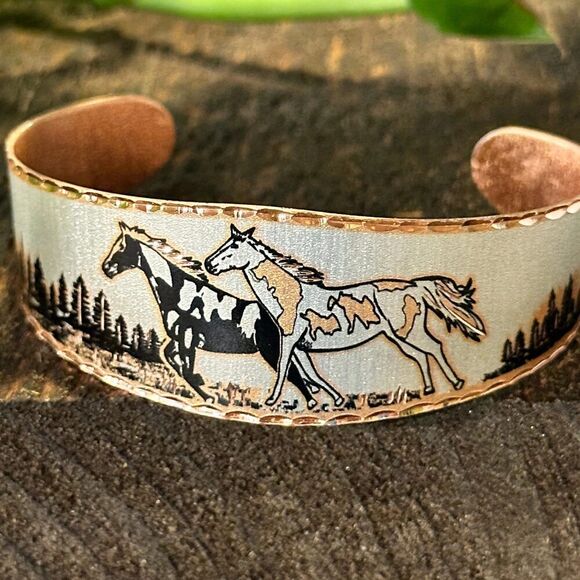 Handmade Boho Estuarian Bracelet, Wide Cuff Appaloosa Horses Bracelet, Gift Box - Picture 8 of 9